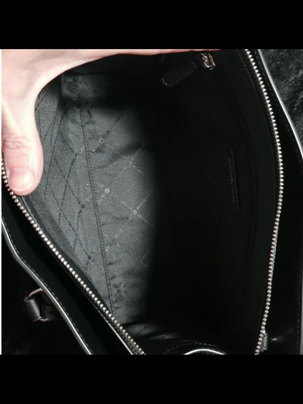 Michael Kors Black and Silver Monogram Sheila medium Bag with center Stripe